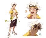  1boy alternate_costume black_hair blush_stickers closed_mouth commentary crossed_arms eyewear_on_head guzma_(pokemon) male_focus multicolored_hair multiple_views pokemon pokemon_(game) pokemon_sm shirt shoes short_sleeves shorts smile ssalbulre standing sunglasses two-tone_hair undercut undershirt white_footwear white_hair yellow-framed_eyewear yellow_shirt 