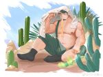  1boy absurdres bara closed_mouth food food_in_mouth highres large_pectorals leg_hair looking_at_viewer male_focus muscular muscular_male navel nipples original overalls pectorals shirt shirt_removed short_hair sitting socks solo weibo_7540192405 white_shirt 