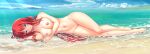  1girl barefoot beach blue_sky breasts cloud completely_nude day genshin_impact green_eyes highres kousaki_natsu large_breasts long_hair lying nilou_(genshin_impact) nipples nude ocean on_side outdoors parted_lips pussy sand shallow_water sky smile solo sunlight water 