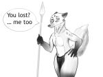  anthro bottomwear canid canine clothing dark_arms dialogue ears_back fluffy fluffy_tail fox greyscale hand_on_hip hi_res loincloth looking_at_viewer male mammal markings melee_weapon monochrome pivoted_ears polearm simple_background solo spear weapon white_background wide_hips 