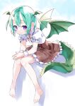  1girl amimi bangs bare_legs barefoot black_skirt buttons crossed_bangs dot_nose dragon_girl dragon_tail dragon_wings dress frilled_skirt frilled_sleeves frills green_hair green_tail highres horns light_blush light_smile looking_at_viewer oni_horns original own_hands_together puffy_short_sleeves puffy_sleeves purple_eyes shadow shiny shiny_hair short_sleeves sitting skirt solo tail toes white_background white_dress wings wrist_cuffs 