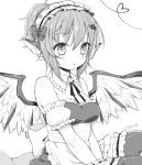  1girl alternate_costume alternate_hairstyle animal_ears apron artist_name bird_ears bird_wings blush enmaided feathered_wings greyscale hair_between_eyes heart honotai maid maid_apron maid_headdress monochrome mystia_lorelei parted_lips ponytail short_hair short_sleeves signature simple_background solo thighhighs touhou waist_apron white_background wings 