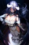  1girl absurdres albedo_(overlord) bare_shoulders black_hair black_wings breasts cleavage clothing_cutout covered_navel demon_girl demon_horns dress feathered_wings feathers gloves hair_between_eyes highres horns large_breasts long_hair looking_at_viewer marse_(rokudaime) overlord_(maruyama) slit_pupils smile solo white_dress white_gloves wings yellow_eyes 