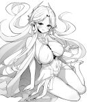  1girl azur_lane azur_lane:_slow_ahead bangs bare_shoulders breasts brest_(azur_lane) cleavage dress greyscale high_heels hori_(hori_no_su) large_breasts monochrome official_art open_mouth parted_bangs parted_lips sitting smile underboob 