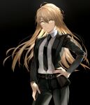  1girl absurdres alternate_costume belt black_background collared_shirt commission cowboy_shot dress_shirt expressionless formal girls&#039;_frontline hand_on_hip highres hitotsuyama_jitan light_brown_hair long_hair looking_at_viewer necktie ppk_(girls&#039;_frontline) shirt shirt_tucked_in skeb_commission solo suit very_long_hair yellow_eyes 