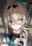  1girl blonde_hair blue_eyes blurry closed_mouth eyelashes film_grain glint hair_between_eyes highres holding holding_sheath holding_sword holding_weapon hololive holox katana kazama_iroha long_eyelashes looking_at_viewer medium_hair roitz_(_roitz_) samurai scabbard sheath sheathed smile solo sword virtual_youtuber weapon 