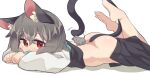  1girl animal_ear_fluff animal_ears ass bangs barefoot blush commentary_request full_body grey_hair grey_skirt grey_vest hair_between_eyes highres long_sleeves looking_at_viewer lying mouse mouse_ears mouse_girl mouse_tail nazrin no_panties on_stomach red_eyes shirt short_hair simple_background skirt skirt_set solo tail the_pose touhou vest white_background white_shirt yayuyoyayuyo 