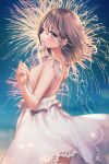  1girl back bangs bare_shoulders blush brown_hair cloud dress fireworks hand_up highres jewelry looking_at_viewer looking_back medium_hair original outdoors parted_lips pink_eyes ring sky sleeveless sleeveless_dress smile solo spaghetti_strap standing white_dress yugirlpict 