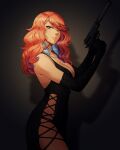  1girl absurdres alternate_costume breasts cleavage commentary commission cross-laced_clothes earrings feather_earrings feathers gun handgun highres holding holding_gun holding_weapon hololive hololive_english iskaydi jewelry looking_at_viewer necklace orange_hair pearl_necklace shadow solo suppressor takanashi_kiara virtual_youtuber weapon 