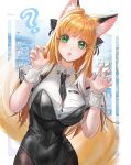  1girl :o ? absurdres animal_ear_fluff animal_ears bangs black_leotard black_necktie black_pantyhose blonde_hair blunt_bangs breasts button_gap claw_pose collarbone collared_shirt covered_navel curious detached_sleeves dress_shirt fingernails fox_ears fox_girl fox_tail green_eyes hair_ribbon hands_up highres large_breasts leaning_to_the_side leotard looking_at_viewer necktie original pantyhose partially_unbuttoned paw_print ribbon shirt short_necktie solo strapless strapless_leotard tail white_shirt wrist_cuffs xiximie_(user_uhde8732) 