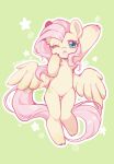  1girl animal_ears animal_feet animal_nose blue_eyes blush body_fur english_commentary fluttershy furry furry_female highres hooves long_hair looking_at_viewer my_little_pony my_little_pony:_friendship_is_magic open_mouth pegasus pink_hair pony qamar snout solo star_(symbol) tail wings yellow_fur 