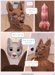  3d_(artwork) after_orgasm ambiguous_gender anatomically_correct anatomically_correct_genitalia animal_genitalia animal_penis anthro bathroom bodily_fluids canid canine canine_penis canis comic cum cum_drip cum_in_mouth cum_inside cum_on_ear cum_on_face cum_on_penis cum_string dialogue digital_media_(artwork) dripping duo english_text erection eyewear felid genital_close_up genital_fluids genitals glasses hi_res jackal kneeling knot male male/male mammal mynka nude pantherine penis speech_bubble text 