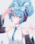  1girl aqua_bow aqua_eyes aqua_hair aqua_necktie artist_name blush bow cinnamiku commentary_request detached_sleeves folded_twintails hair_bow hands_up hatsune_miku headphones highres long_sleeves looking_at_viewer meruchiin necktie parted_lips solo twintails upper_body vocaloid 