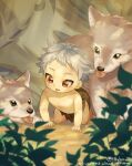  1boy :p alternate_hair_length alternate_hairstyle brown_eyes ethylene_ty genshin_impact grey_hair highres looking_to_the_side male_child male_focus outdoors razor_(genshin_impact) short_hair tongue tongue_out wolf wolf_boy 