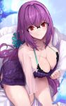  1girl bangs breasts cleavage collarbone dress fate/grand_order fate_(series) glasses hair_between_eyes hair_ornament hair_scrunchie highres large_breasts long_hair long_sleeves looking_at_viewer ponytail purple_dress purple_hair red_eyes scathach_(fate) scathach_skadi_(fate) scathach_skadi_(swimsuit_ruler)_(fate) scathach_skadi_(swimsuit_ruler)_(second_ascension)_(fate) scrunchie see-through see-through_sleeves smile solo sweater sweater_dress thighs untue 