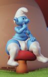  2022 3d_(artwork) balls big_butt blue_body bulge butt clothed clothing digital_media_(artwork) genitals hat headgear headwear hi_res humanoid looking_at_viewer male mostly_nude oldsoup sitting smurf solo the_smurfs thick_thighs 