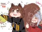  2girls animal_ears arknights black_gloves bowl brown_eyes brown_hair closed_eyes eating firefighter firefighter_jacket fluffy fur_trim gloves grey_hair guin_guin holding hood hooded_jacket jacket long_hair long_sleeves multiple_girls no_headwear open_clothes open_jacket open_mouth peanut projekt_red_(arknights) red_jacket shaw_(arknights) short_hair sparkle squirrel_girl squirrel_tail tail wolf_ears wolf_girl 