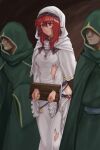  1girl 2boys absurdres blurry commission depth_of_field dress faceless faceless_male fire_emblem fire_emblem:_mystery_of_the_emblem fire_emblem:_shadow_dragon_and_the_blade_of_light green_robe hazuki_(nyorosuke) highres hood jewelry lena_(fire_emblem) long_dress long_hair long_sleeves multiple_boys necklace red_eyes red_hair restrained robe skeb_commission solo_focus stocks torn_clothes torn_dress veil white_dress wide_sleeves 
