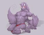  anthro bottomwear canid canine canis captainjohkid clothing fur fur_markings hi_res loincloth looking_at_viewer male mammal markings muscular muscular_anthro muscular_male purple_body purple_fur red_eyes solo wolf 