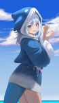  1girl absurdres animal_hood bangs bburi blue_eyes blue_hair blue_hoodie blue_nails blush cloud cowboy_shot gawr_gura grin highres hololive hololive_english hood hood_up hoodie long_hair long_sleeves nail_polish shark_hood sharp_teeth smile solo standing tail teeth virtual_youtuber white_hair 