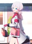  1girl :d a.a_(aa772) azur_lane bag bangs black_shirt black_skirt blue_eyes blurry blurry_background blush commentary_request day denver_(azur_lane) depth_of_field gloves grey_hair hair_between_eyes highres holding holding_bag jacket looking_at_viewer looking_to_the_side low_twintails open_clothes open_jacket outdoors paper_bag pleated_skirt red_gloves shirt shopping_bag short_twintails skirt smile solo twintails white_jacket 