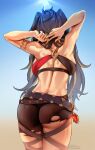  1girl arms_behind_head arms_up ass asymmetrical_clothes back bare_shoulders belt black_shorts blonde_hair blue_sky breasts brown_hair dark-skinned_female dark_skin dehya_(genshin_impact) foxyreine from_behind genshin_impact hair_intakes highres large_breasts long_hair multicolored_hair shorts sky solo streaked_hair thighs vision_(genshin_impact) 