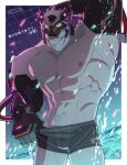  1boy alternate_costume animal_ears arm_behind_head bara bear_boy bear_ears black_male_swimwear body_fur colored_sclera enigma_(housamo) feet_out_of_frame furry furry_male highres looking_at_viewer male_focus male_swimwear male_swimwear_pull mask muscular muscular_male musou_luf pulled_by_self short_hair standing swim_briefs tokyo_afterschool_summoners water white_fur yellow_sclera 