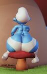  2022 3d_(artwork) big_butt blue_body butt clothed clothing digital_media_(artwork) hi_res humanoid looking_away male oldsoup sitting smurf solo the_smurfs thick_thighs wide_hips 