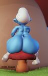  2022 3d_(artwork) big_butt blue_body butt clothing digital_media_(artwork) hat hat_only headgear headgear_only headwear headwear_only hi_res humanoid looking_away male mostly_nude oldsoup sitting smurf solo the_smurfs thick_thighs wide_hips 