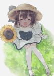  1girl brown_hair closed_eyes commentary_request dress facing_viewer flower grass hat highres kantai_collection looking_at_viewer nazu_(nazuunne) official_alternate_costume short_hair sitting smile solo straw_hat sun_hat sunflower toeless_footwear white_dress yukikaze_(kancolle) 