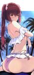  ass bikini blush breasts fate/grand_order fate_(series) frilled_bikini frills frown highres long_hair looking_to_the_side off-shoulder_bikini off_shoulder outdoors palm_tree purple_bikini purple_hair red_eyes scathach_(fate) scathach_skadi_(fate) scathach_skadi_(swimsuit_ruler)_(fate) scathach_skadi_(swimsuit_ruler)_(first_ascension)_(fate) solo swimsuit tree twintails underboob venomrobo 