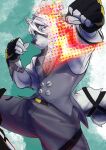  2022 anthro batrixy bottomwear butler canid canine canis claws clothing cybernetic_leg cybernetic_limb finger_claws fingerless_gloves fist fur gloves gradient_background handwear hi_res male mammal mihoyo pants simple_background solo von_lycaon white_body white_fur wolf zenless_zone_zero 