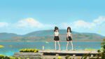  2girls black_hair black_skirt chinese_commentary commentary_request highres hua_ming_wink leaf long_hair mountain multiple_girls original outdoors pointy_ears ponytail scenery school_uniform shirt shoes skirt sneakers standing water white_footwear white_shirt wide_shot 