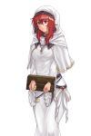  1girl absurdres closed_mouth commission dress fire_emblem fire_emblem:_mystery_of_the_emblem fire_emblem:_shadow_dragon_and_the_blade_of_light hazuki_(nyorosuke) highres hood jewelry lena_(fire_emblem) long_dress long_hair long_sleeves necklace red_eyes red_hair restrained robe simple_background skeb_commission solo stocks veil white_background white_dress wide_sleeves 