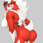  anthro back_boob big_breasts bodily_fluids breasts butt canid canine captainjohkid claws female fur generation_7_pokemon genital_fluids genitals hair hi_res looking_back lycanroc mammal midnight_lycanroc nintendo nude open_mouth pokemon pokemon_(species) pussy pussy_juice red_body red_fur smile solo tongue tongue_out video_games white_body white_fur 