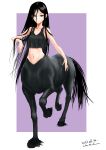  1girl absurdres aqua_eyes bangs bare_shoulders black_hair black_tank_top breasts centaur closed_mouth collarbone commentary_request crop_top crop_top_overhang dated full_body groin hair_between_eyes highres horse_tail long_bangs long_hair looking_at_viewer midriff monster_girl multiple_legs navel original sidelocks signature small_breasts solo standing tail tank_top taur yuutan_(chokorobittsu) 