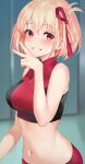  1girl bare_shoulders blonde_hair blush bob_cut breasts crop_top grin hair_ribbon hand_up highres looking_at_viewer lycoris_recoil medium_breasts midriff navel nishikigi_chisato red_eyes red_ribbon red_shirt ribbon sabi1234 shirt short_hair sleeveless sleeveless_shirt smile solo stomach teeth upper_body v 