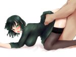  1boy 1girl all_fours black_thighhighs blush breasts clothed_female_nude_male clothed_sex doggystyle dress from_side fubuki_(one-punch_man) green_dress green_eyes green_hair hetero highres large_breasts looking_at_viewer looking_to_the_side nude one-punch_man open_mouth short_hair shpo solo_focus thighhighs 