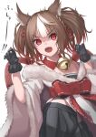  1girl :o animal_ear_fluff animal_ears bangs bell black_gloves black_skirt brown_hair collar detached_collar fox_ears fur_trim gloves hands_up ichien_ekaki long_sleeves multicolored_hair neck_bell red_collar red_eyes red_ribbon ribbon sekka_(shadowverse) shadowverse simple_background skirt solo standing twintails two-tone_hair white_background white_hair wide_sleeves 