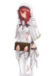  1girl absurdres closed_eyes closed_mouth commission dress fire_emblem fire_emblem:_mystery_of_the_emblem fire_emblem:_shadow_dragon_and_the_blade_of_light hazuki_(nyorosuke) highres hood jewelry lena_(fire_emblem) long_dress long_hair long_sleeves necklace red_hair restrained robe simple_background skeb_commission solo stocks torn_clothes torn_dress veil white_background white_dress wide_sleeves 