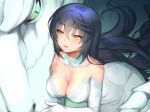  1girl aqua_choker bangs black_hair black_sclera breasts cleavage collarbone colored_sclera covered_navel dragon dress elbow_gloves folks_(nabokof) gloves green_eyes hair_between_eyes hair_over_shoulder large_breasts long_dress long_hair maotelus_(tales) open_mouth shiny shiny_hair straight_hair strapless strapless_dress tales_of_(series) tales_of_berseria velvet_crowe very_long_hair white_dress white_gloves yellow_eyes 