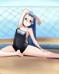  1girl alternate_costume bangs barefoot black_one-piece_swimsuit blue_eyes blue_hair breasts chain-link_fence commission competition_school_swimsuit fence gradient_hair highres kantai_collection long_hair multicolored_hair namesake origin/release/creation samidare_(kancolle) school_swimsuit small_breasts solo stretching swept_bangs swimsuit very_long_hair 