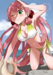  1girl akashi_(kancolle) all_fours arm_up beach bikini blue_sky blunt_tresses blurry breasts cleavage cloud commentary_request conch day depth_of_field gradient_bikini green_eyes hair_ribbon hamukiyo highres horizon kantai_collection large_breasts long_hair ocean official_alternate_costume one_eye_closed outdoors pink_hair ribbon shading_eyes side-tie_bikini_bottom sky solo swimsuit tress_ribbon 