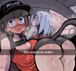  2girls ass azazel_(helltaker) baseball_cap black_hair blush car_interior covered_nipples demon_girl demon_tail doughnut drive-thru english_text food full-face_blush hat he_wants_to_order_(meme) heavy_breathing helltaker justice_(helltaker) looking_at_viewer lying_on_person meme multiple_girls red_shirt selfie shirt short_hair short_shorts shorts storytaker sunglasses sweat tail tank_top white_hair 