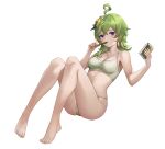  1girl ahoge alternate_costume bangs bare_arms bare_legs bare_shoulders barefoot breasts cleavage collarbone collei_(genshin_impact) crossed_bangs full_body genshin_impact green_hair green_panties green_sports_bra hair_ornament highres holding holding_notepad holding_pen invisible_chair knees_up leaning_back looking_at_viewer lunacle medium_breasts medium_hair notepad panties pen pen_to_mouth purple_eyes simple_background sitting solo sports_bra stomach toes underwear white_background 