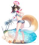  1girl animal_ears ball bare_shoulders beach beachball bikini bikini_under_clothes black_hair blue_archive blue_shorts blush bottle brown_eyes fang fox_ears fox_girl fox_shadow_puppet fox_tail from_behind full_body halo hanekoto highleg highleg_bikini highres holding holding_ball holding_beachball holding_bottle izuna_(blue_archive) izuna_(swimsuit)_(blue_archive) leaning_forward looking_at_viewer looking_back medium_hair micro_shorts official_alternate_costume official_art sandals scarf shorts side_ponytail string_bikini swimsuit tail white_background 