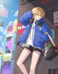  1boy absurdres alice_fiction androgynous blonde_hair blue_eyes blue_jacket city cloud cloudy_sky gender_request green_eyes headphones headphones_around_neck highres hyosi jacket looking_to_the_side male_focus michelangelo-b_(alice_fiction) open_mouth shirt short_hair shorts sky solo thighs white_shirt 