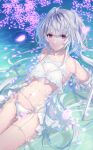  1girl absurdres ahoge bangs bare_shoulders bikini breasts cleavage fate/grand_order fate_(series) frilled_bikini frills highres kamehito lady_avalon_(fate) long_hair looking_at_viewer medium_breasts merlin_(fate/prototype) navel purple_eyes smile solo swimsuit thighs very_long_hair water wet white_bikini white_hair 