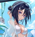  1girl ahoge arknights bangs bare_shoulders bikini black_hair blue_eyes blue_sky breasts cleavage collarbone cube_(cuberoot-of-e) day grey_hair hair_bun hair_ornament hairclip highres id_card jacket la_pluma_(arknights) la_pluma_(summer_flowers)_(arknights) long_sleeves looking_at_viewer medium_breasts multicolored_hair official_alternate_costume open_clothes open_jacket open_mouth outdoors see-through short_hair single_hair_bun single_side_bun sky solo swimsuit two-tone_hair unzipped upper_body white_bikini white_jacket wing_hair_ornament x_hair_ornament 