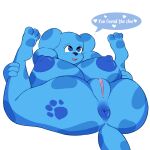  2021 absurd_res alternate_version_at_source anthro anus big_anus big_breasts big_butt blue&#039;s_clues blue_(blue&#039;s_clues) blue_anus blue_body blue_eyes blue_nipples breasts butt canid canine canis dialogue domestic_dog english_text female genitals hi_res holding_legs huge_breasts legs_up lewd_boyz lying mammal nickelodeon nipples nude nude_anthro nude_female on_back presenting presenting_anus presenting_pussy pussy solo spread_legs spreading text 